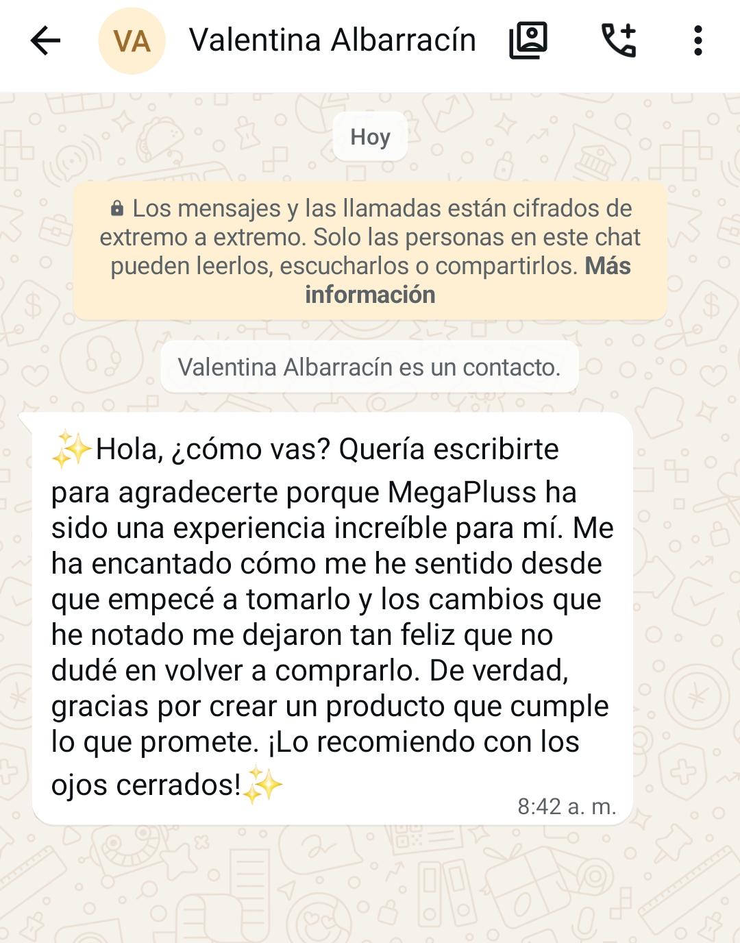 Testimonio de Valentina Albarracín sobre Megapluss en WhatsApp